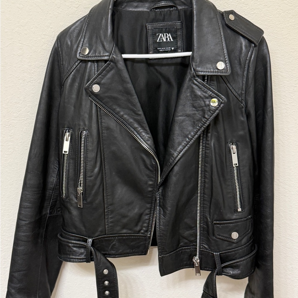 ZARA Black Leather Biker Jacket with Belt